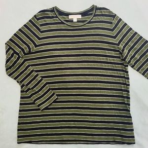 Michael Kors Dark Green, Black, & White Striped Casual Tee